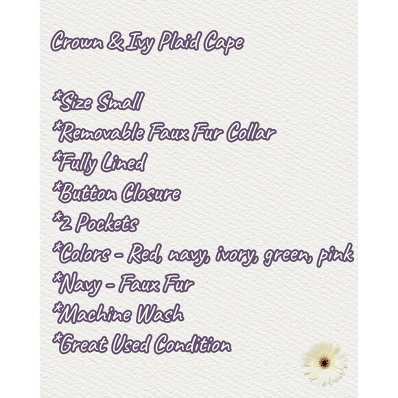 Crown & Ivy Women's Plaid Faux Fur Removable Collar Cape With Pockets Size Small - Picture 10 of 10